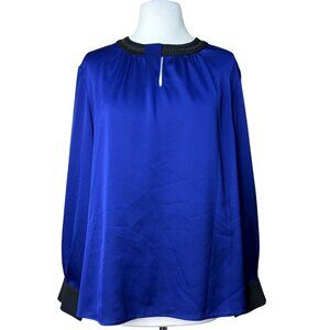 Ming Wang Satin Blouse Long Sleeve Dark Blue Black Size Large